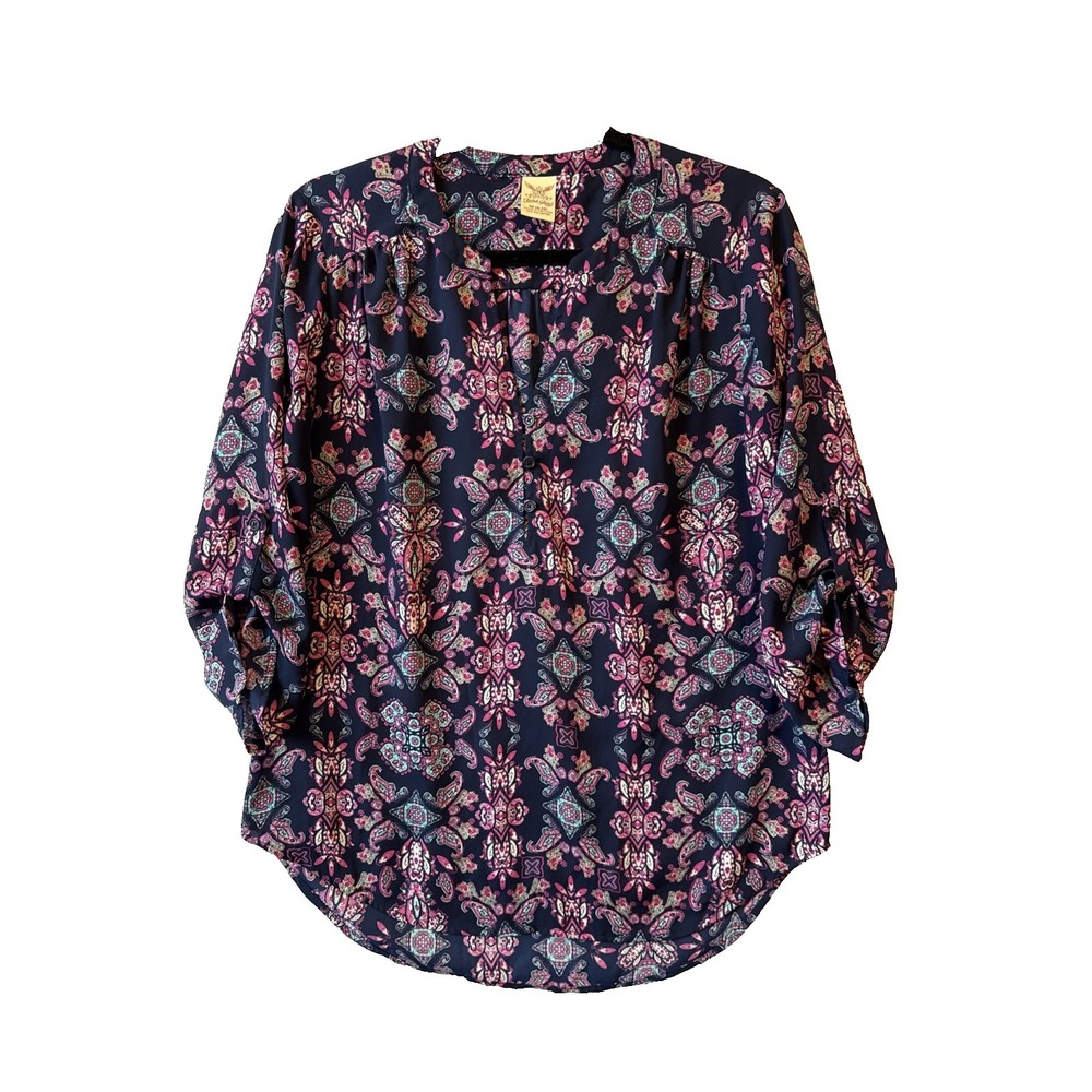 Faded Glory Colorful Medallion Glitter V Split Neck Roll Tab Top M Boho Chic